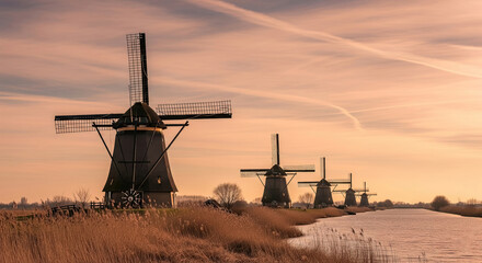 Traditional Dutch windmills along a canal at sunrise. warm sky hues and reflections evoke heritage, serenity, and timeless beauty.