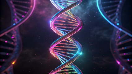 Dynamic DNA helix with vibrant neon colors illuminating the science of genetics and medicine