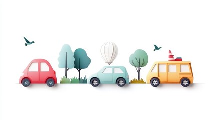 Colorful Car Illustrations with Nature Elements in Paper Cut Style