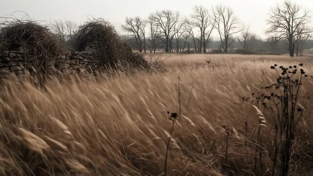 Moody field with stone wall and bare trees under a pale, hazy sky