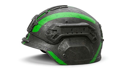 Fototapeta premium Side view of a gray helmet with green stripes showcasing its textured surface and tactical design on a white backdrop