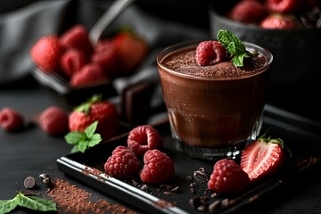 Rich chocolate mousse topped with fresh raspberries and strawberries. Mint garnish adds a refreshing touch to this indulgent dessert.