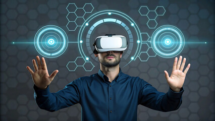 Man experiencing virtual reality with futuristic interface and technology immersion showcasing augmented reality and interactive digital experience for innovation