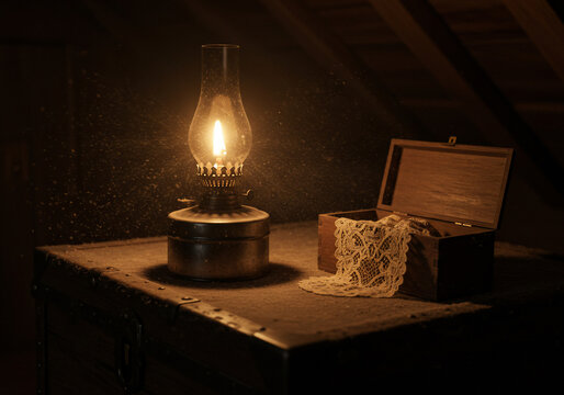 An antique oil lamp illuminates a wooden chest with lace fabric on a dusty surface in a dimly lit attic. - Powered by Adobe