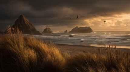 A moody, dramatic coastal landscape at sunset with towering sea stacks and rolling waves. Golden light illuminates the sand dunes and beach grass under a cloudy sky, creating a serene