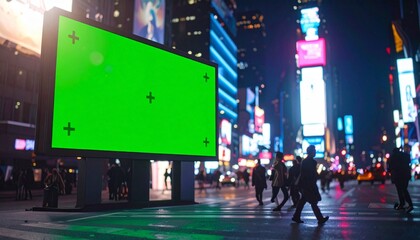 Green screen digital billboard in a bustling night city street. Illuminated urban scene with blurred pedestrians and vibrant neon lights, ideal for custom advertising content