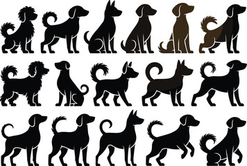 Silhouettes of diverse dog breeds in grid layout, black canine shapes with varied postures, tails, ears, body types, vector illustration, isolated
