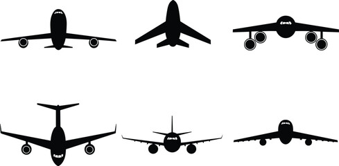 Black airplane front view silhouettes, commercial and military aircraft vector set, aviation design elements, isolated aircraft icons, aerodynamics comparison