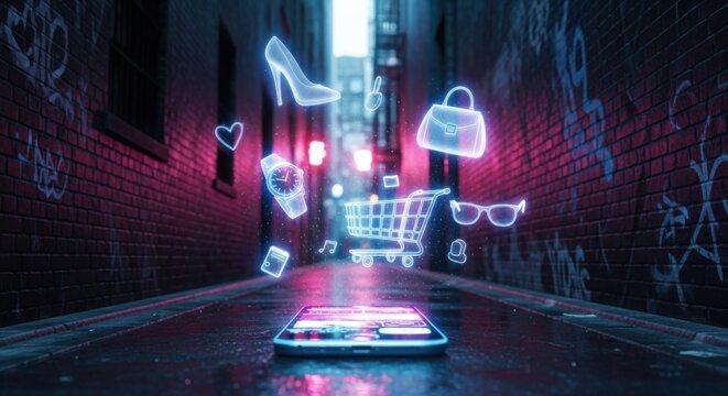 Futuristic Smartphone with Digital Shopping Icons in Dark Alleyway