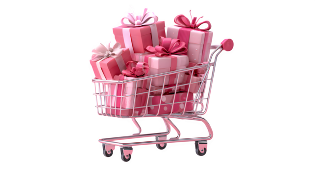 Pink Gift-Filled Shopping Cart 3d rendered, isolated on transparent background