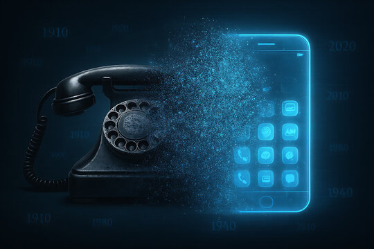 Evolution of communication technology old rotary phone to modern smartphone digital transformation concept