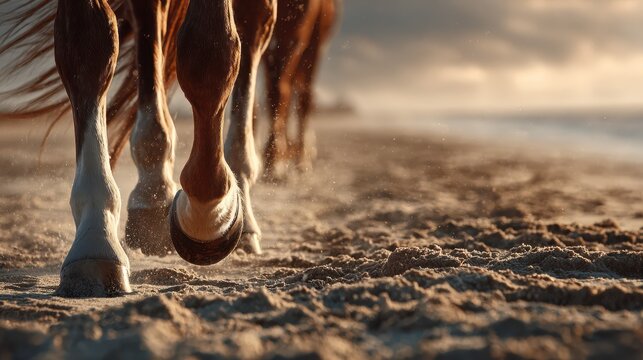 Horses galloping along the sandy beach during sunset with splashes of water and vibrant textures in the sky