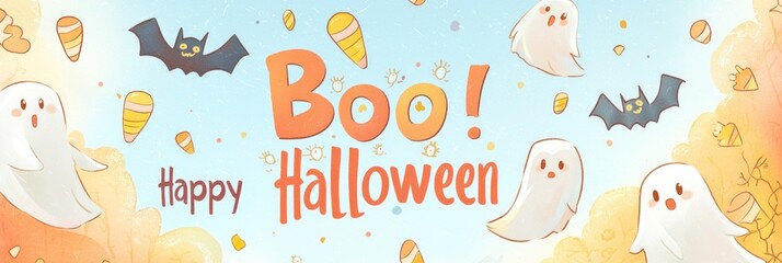 Fototapeta premium Halloween Post Card with Spooky Ghosts and Text ”Boo Happy Halloween” Poster. Halloween Greeting Card with Cute Ghosts and Copy, Text. Halloween Party Invitation Card with Copy, Text.