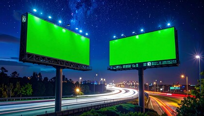 Two empty green screen billboards at night on a highway with a starry sky above and lights from passing cars
