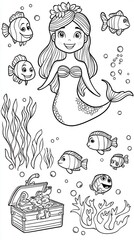 Happy underwater mermaid kingdom coloring book page, featuring a friendly mermaid, a baby sea turtle, a school of smiling fish, and an enchanted treasure chest, 