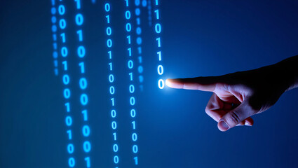 Photo of a human finger touches a glowing zero in a stream of blue binary code, representing digital technology and data