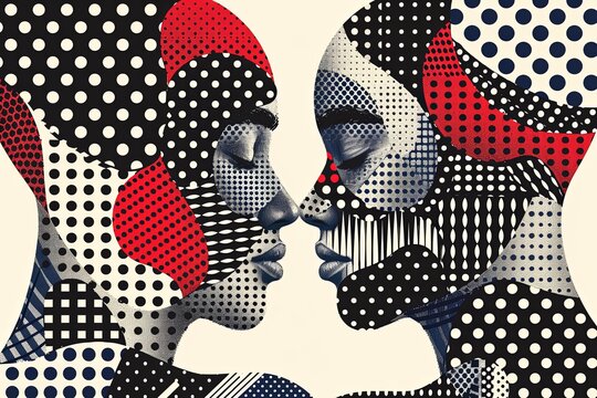 Two serene African American women share an intimate moment in a studio setting. Abstract patterns superimpose their faces, enhancing the artistic mood.