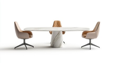 Fototapeta premium Modern Oval Marble Table with Stylish Leather Chairs in Minimalist Space