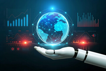 Robot Hand Holding Digital Globe with Data Visualization Highlighting Global Connectivity and Technology Trends for Futuristic Business Analytics