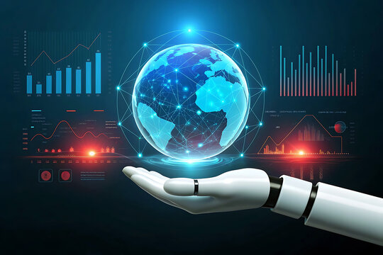 Robot Hand Holding Digital Globe with Data Visualization Highlighting Global Connectivity and Technology Trends for Futuristic Business Analytics - Powered by Adobe