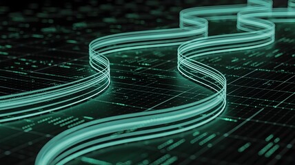A dark, abstract background with glowing green data streams flowing like a river.