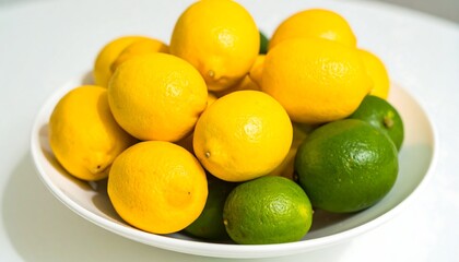 A white bowl overflowing with bright yellow lemons and several green limes