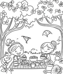 Obraz premium Joyful spring garden picnic coloring book illustration, featuring children and animals sitting on a picnic blanket, flying kites, and eating sandwiches under blooming cherry blossom trees, 