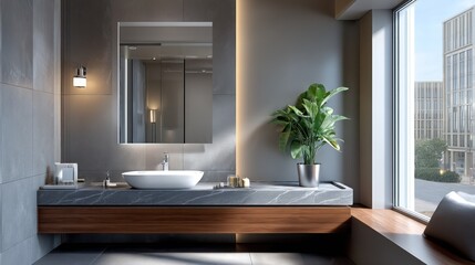 Fototapeta premium Modern gray bathroom with large window