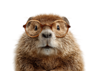 Curious beaver wearing glasses animal portrait whimsical vibe isolated on transparent background, png