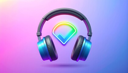 A pair of modern headphones with a vibrant neon check mark graphic are showcased against a soft, vibrant gradient background.