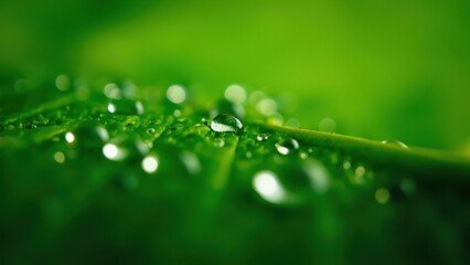 A close-up shot of a green leaf with small water drops of dew on it in the morning sunlight, with a blurred green background, concept of nature and purity