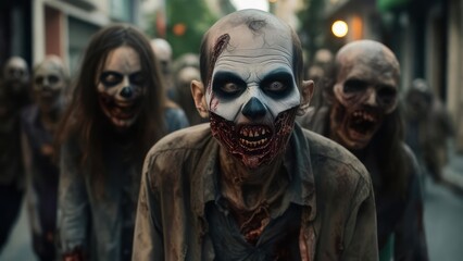 Terrifying Zombie Horde: Gruesome Close-Up, Undead Faces, Horror Scene, Street.