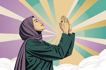 Muslim woman in hijab praying with raised hand.