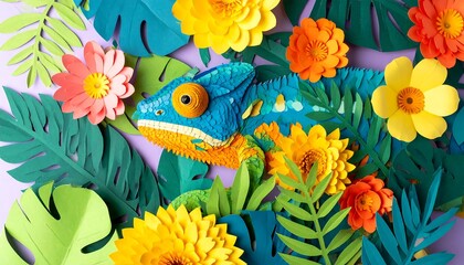 Vibrant chameleon surrounded by multicolored paper flowers and tropical leaves, a striking composition of paper art.