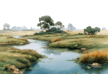 Serene river landscape nature scene tranquil environment aerial view isolated on transparent background, png