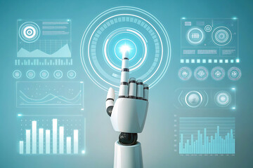 Robotic Hand Interacting with Futuristic Digital Interface Representing Artificial Intelligence and Machine Learning Concepts for Future Technology