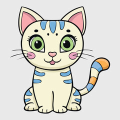 An animated cat with a white body, blue stripes and an orange-blue tail. The cat has big green eyes, a pink nose, pink cheeks and a gentle smile. The design looks cute and friendly.