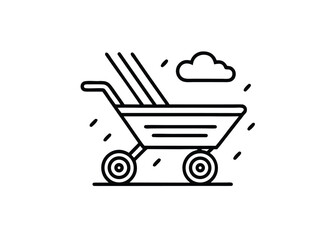 Vector art of black and line art icon of a wheelbarrow in the rain, symbolizing outdoor work and gardening