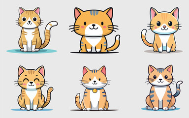 a set of vector design illustrations with cute cartoon cats in orange and white colors
