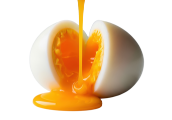 Extreme close-up of a perfectly sliced poached egg, vibrant golden yolk cascading over cloud-like whites, isolated on transparent with soft shadow, cinematic studio lighting, concept of culinary