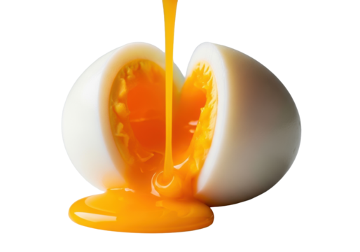 Extreme close-up of a perfectly sliced poached egg, vibrant golden yolk cascading over cloud-like whites, isolated on transparent with soft shadow, cinematic studio lighting, concept of culinary