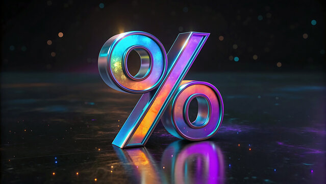 Vibrant Percentage Sign on Reflective Surface Representing Sales and Discounts with Bokeh Background Sparkles