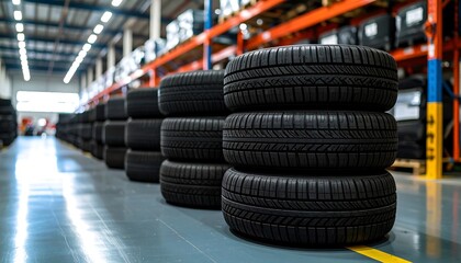 Stacks of black tires are neatly arranged in a large warehouse, showcasing a wide selection and organized storage.
