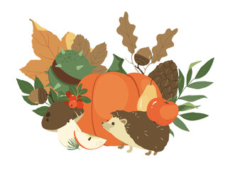 Thanksgiving Harvest Composition with Pumpkin, Corn, and Autumn Fruits Vector illustration