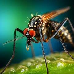 Fototapeta premium Close-up of mosquito on green background, representing detail of insect anatomy, ecology, biodiversity, environmental awareness, vector science and microscopic observation of wildlife creatures