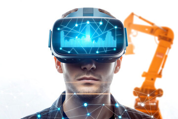 Virtual Reality Construction Simulation Young Man Wearing VR Headset Controlling Heavy Machinery in a Digital World Modern Technology and Engineering