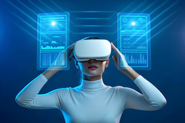 Woman experiencing virtual reality interacting with digital interfaces augmented reality metaverse exploration future technology innovation and futuristic design for business and lifestyle