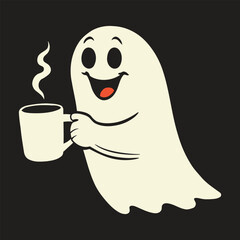  Cute Halloween Ghost Holding Coffee Mug Vector Illustration