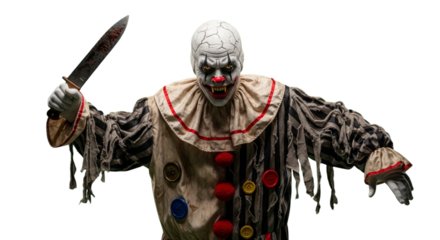 A terrifying clown holding a bloody knife, poised to attack. The clown's makeup is eerie and unsettling, creating a frightening image. Halloween theme