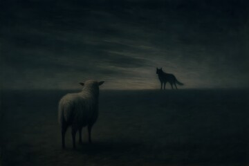 Obraz premium A surreal and metaphorical image of a sheep and a wolf standing face to face in a serene forest, representing a tense and unexpected encounter between predator and prey.